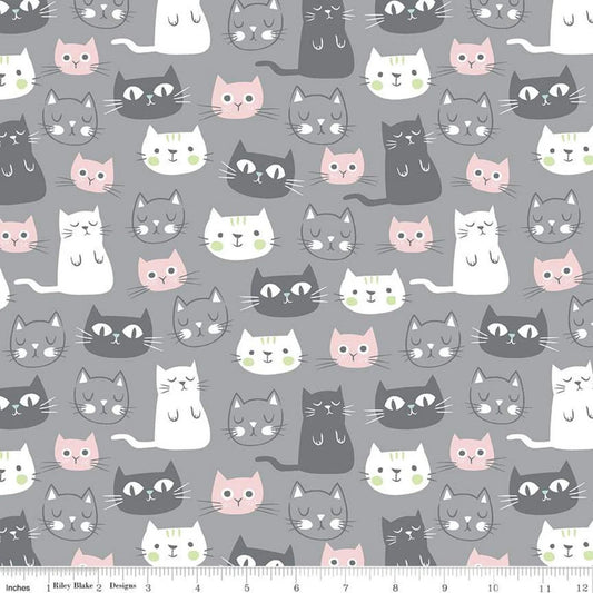 Fat Quarter - Purrfect Day Cats on Grey - My Mind's Eye - Riley Blake - Cotton Fabric