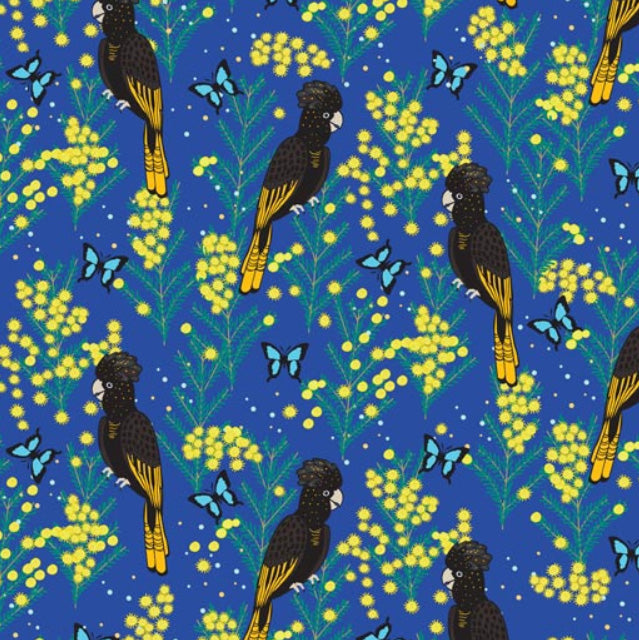 Cotton Fabric - Outback Beauty - Yellow Tailed Black Cockatoo on Blue