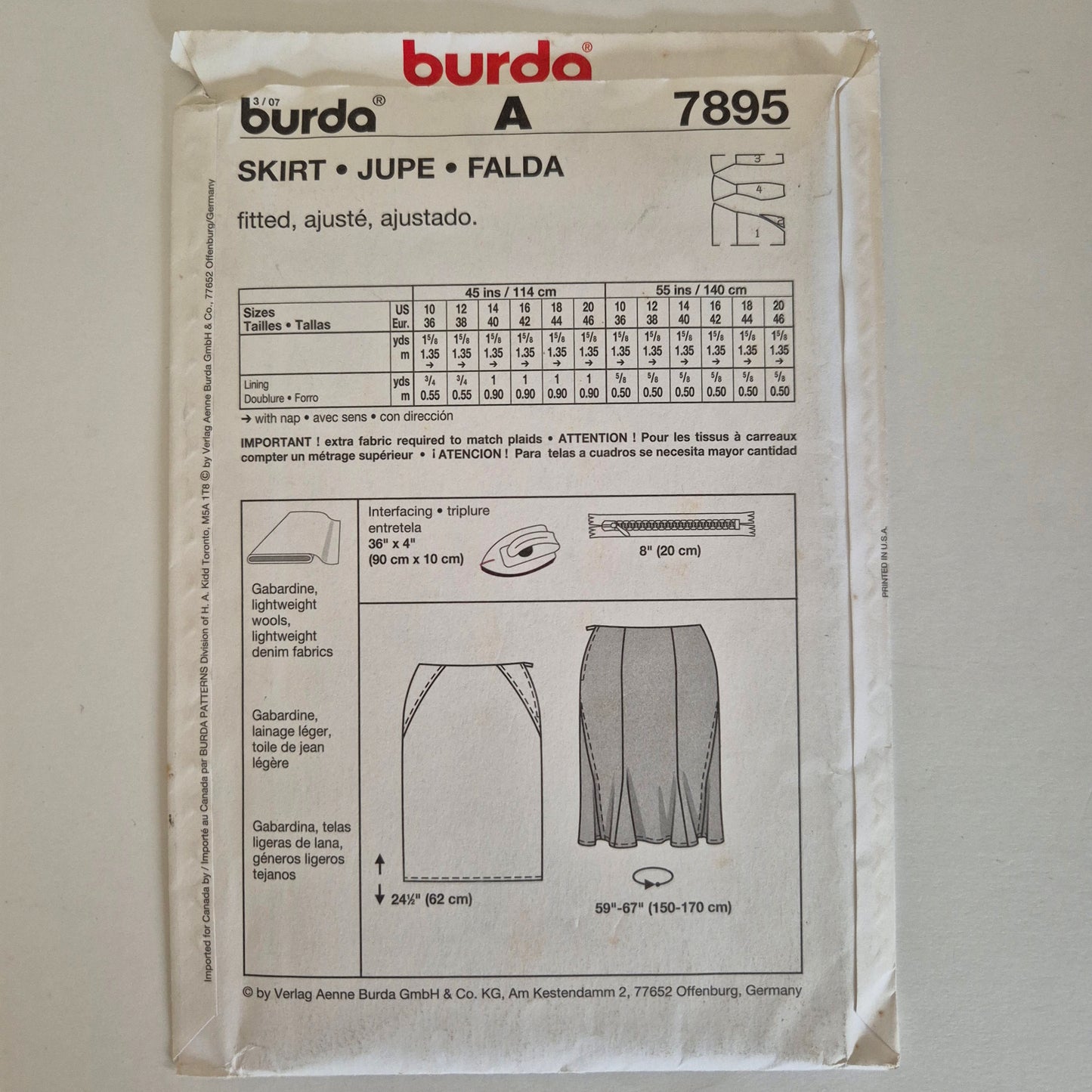 Burda 7895 Fitted skirt pattern, sizes 10 - 20