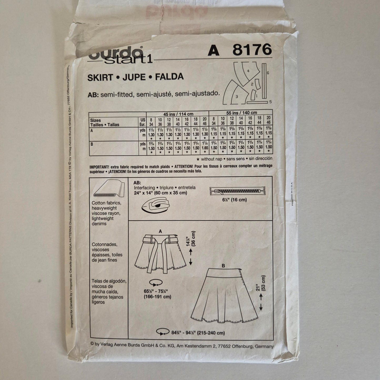 Burda Young 8176, Skirt pattern, Sizes 8 - 20