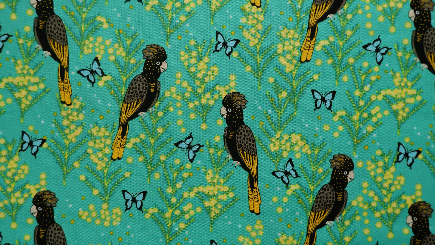 Cotton Fabric - Outback Beauty - Yellow Tailed Black Cockatoo on Green