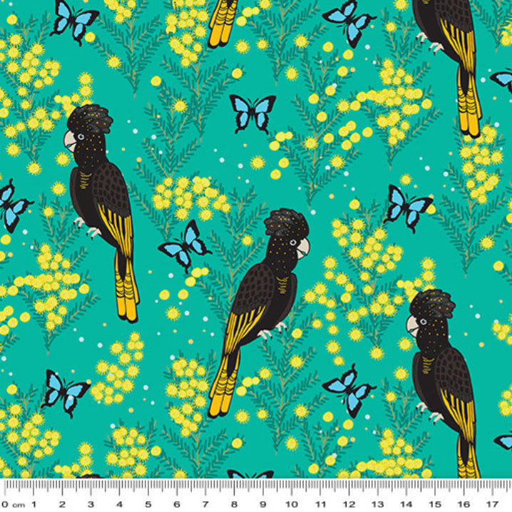 Cotton Fabric - Outback Beauty - Yellow Tailed Black Cockatoo on Green