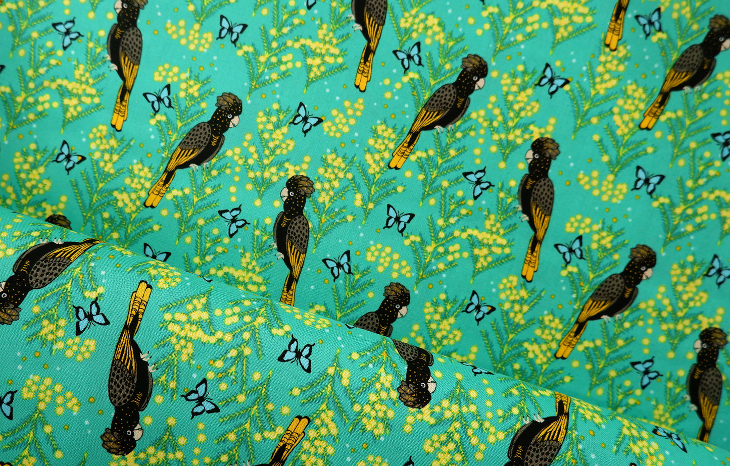 Cotton Fabric - Outback Beauty - Yellow Tailed Black Cockatoo on Green