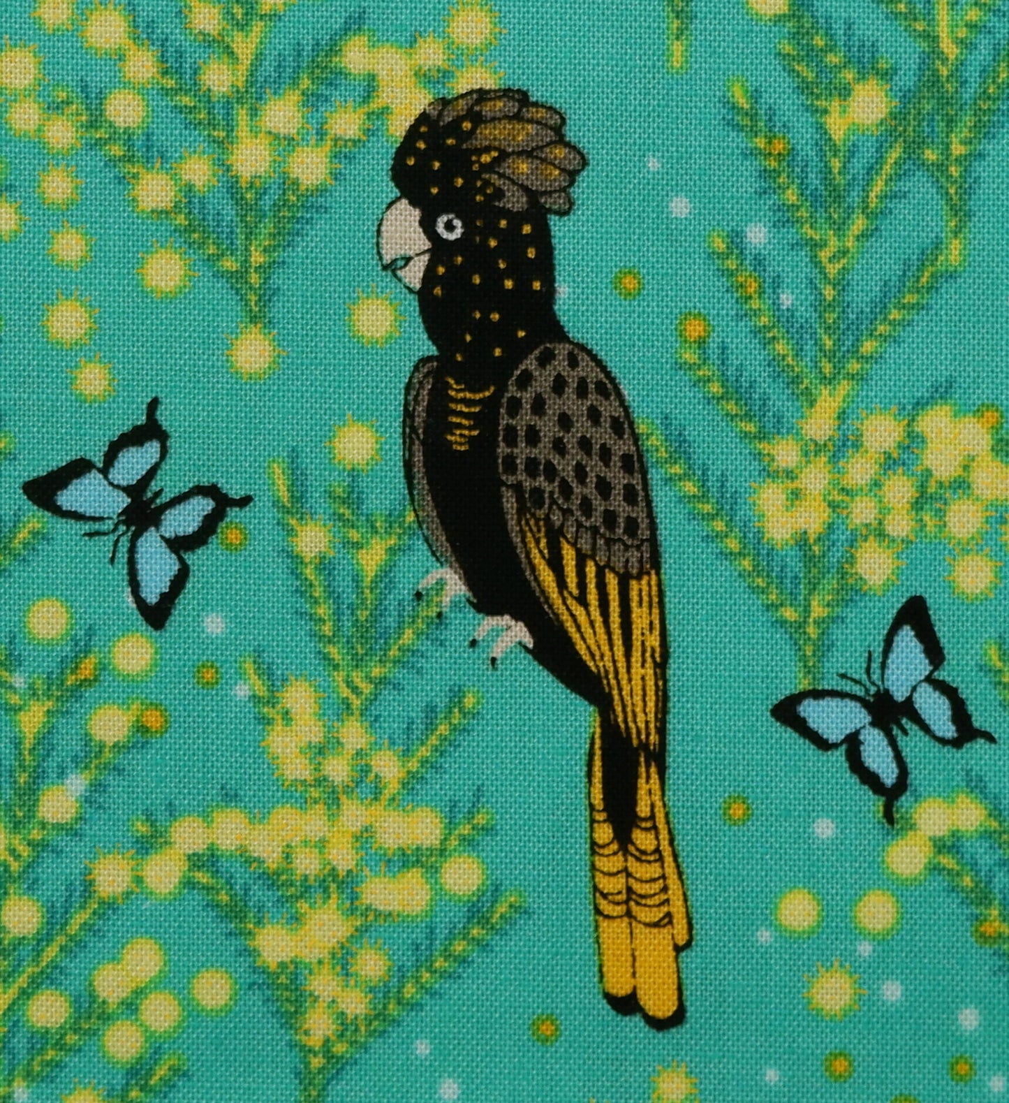 Cotton Fabric - Outback Beauty - Yellow Tailed Black Cockatoo on Green