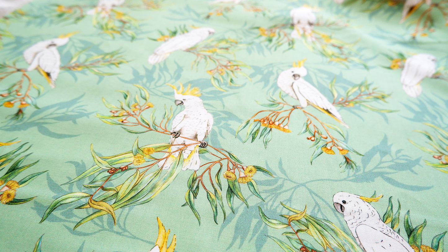 Cotton Fabric - Gumtree friends - White cockatoo on Green - Michelle Holik