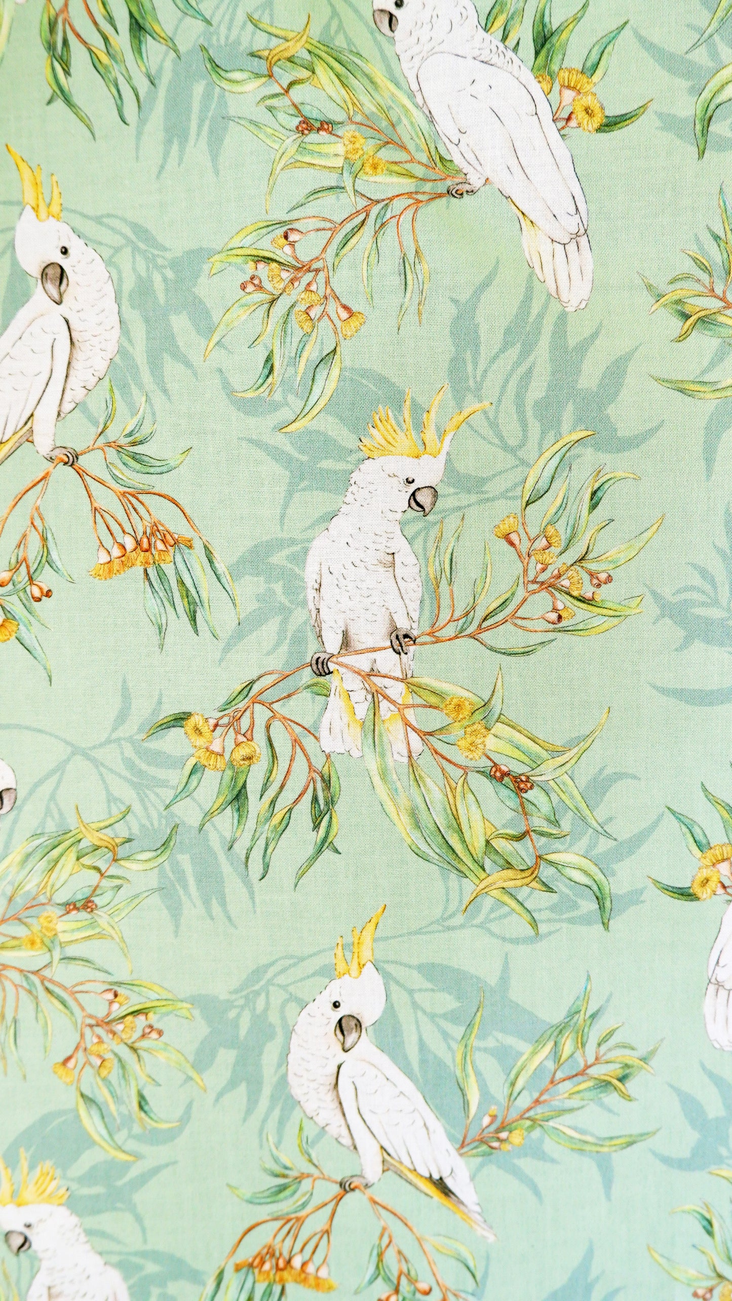 Cotton Fabric - Gumtree friends - White cockatoo on Green - Michelle Holik