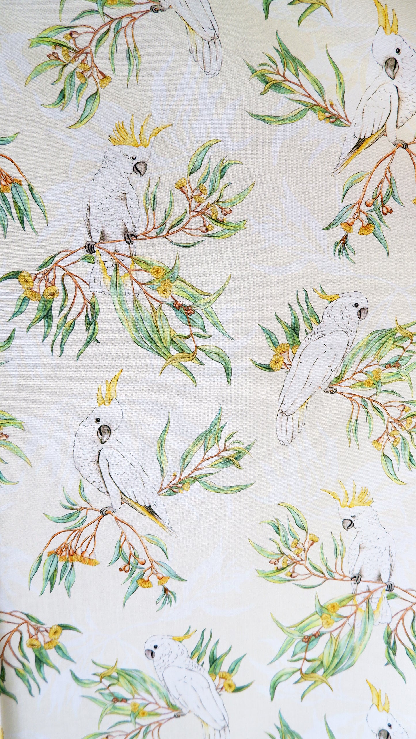 Cotton Fabric - Gumtree friends - White cockatoo on Yellow - Michelle Holik