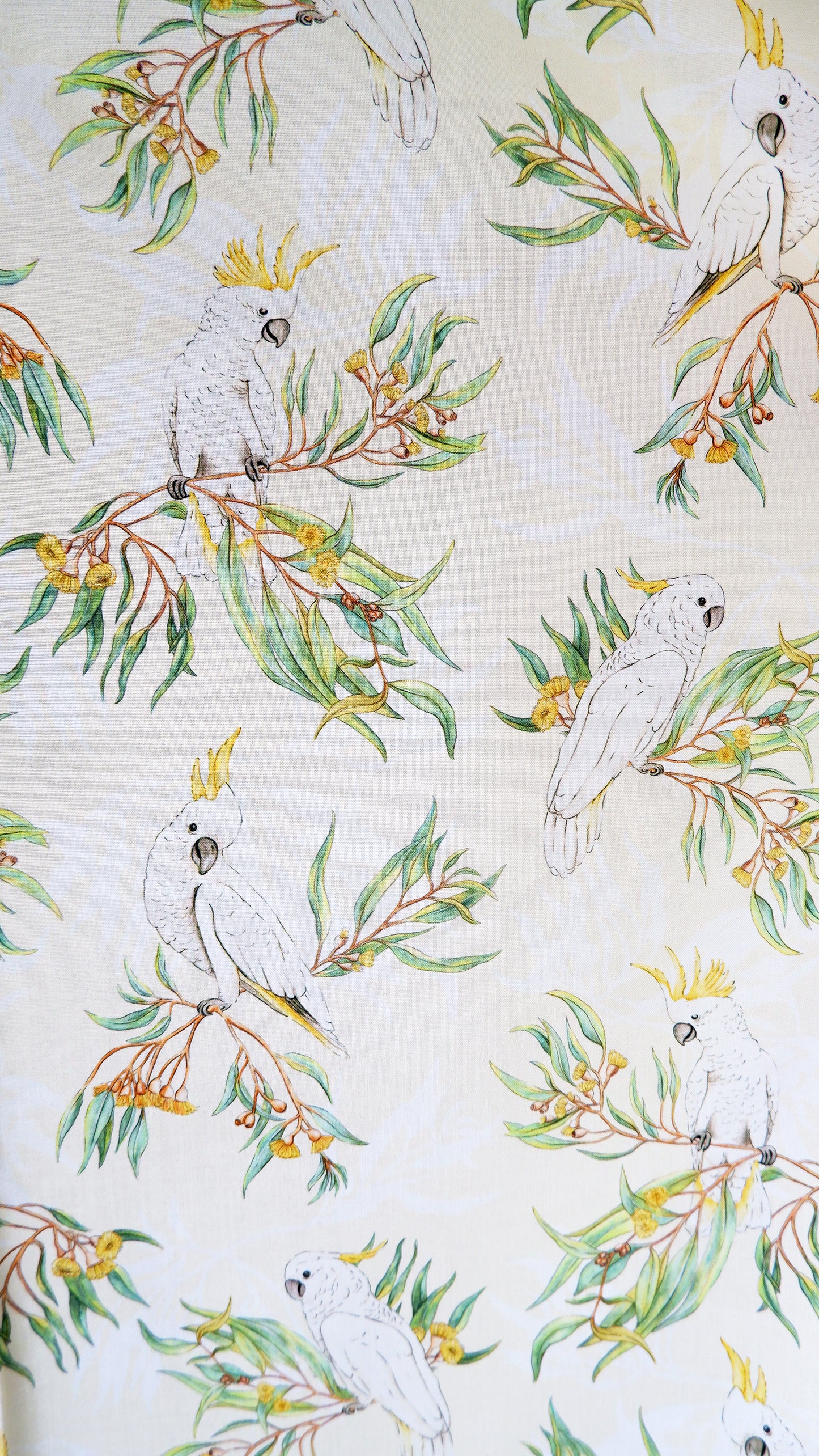 Cotton Fabric - Gumtree friends - White cockatoo on Yellow - Michelle Holik