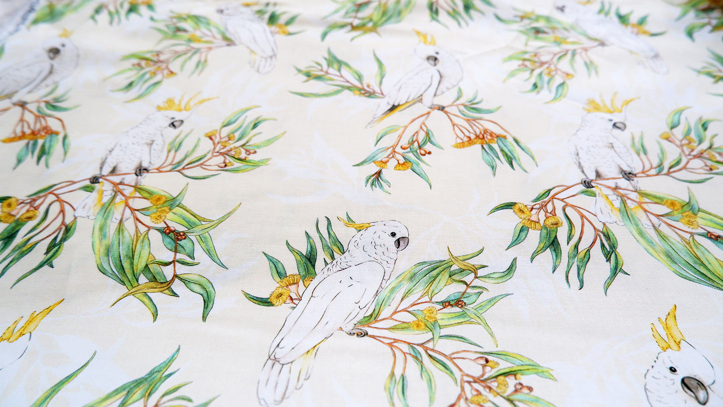 Cotton Fabric - Gumtree friends - White cockatoo on Yellow - Michelle Holik