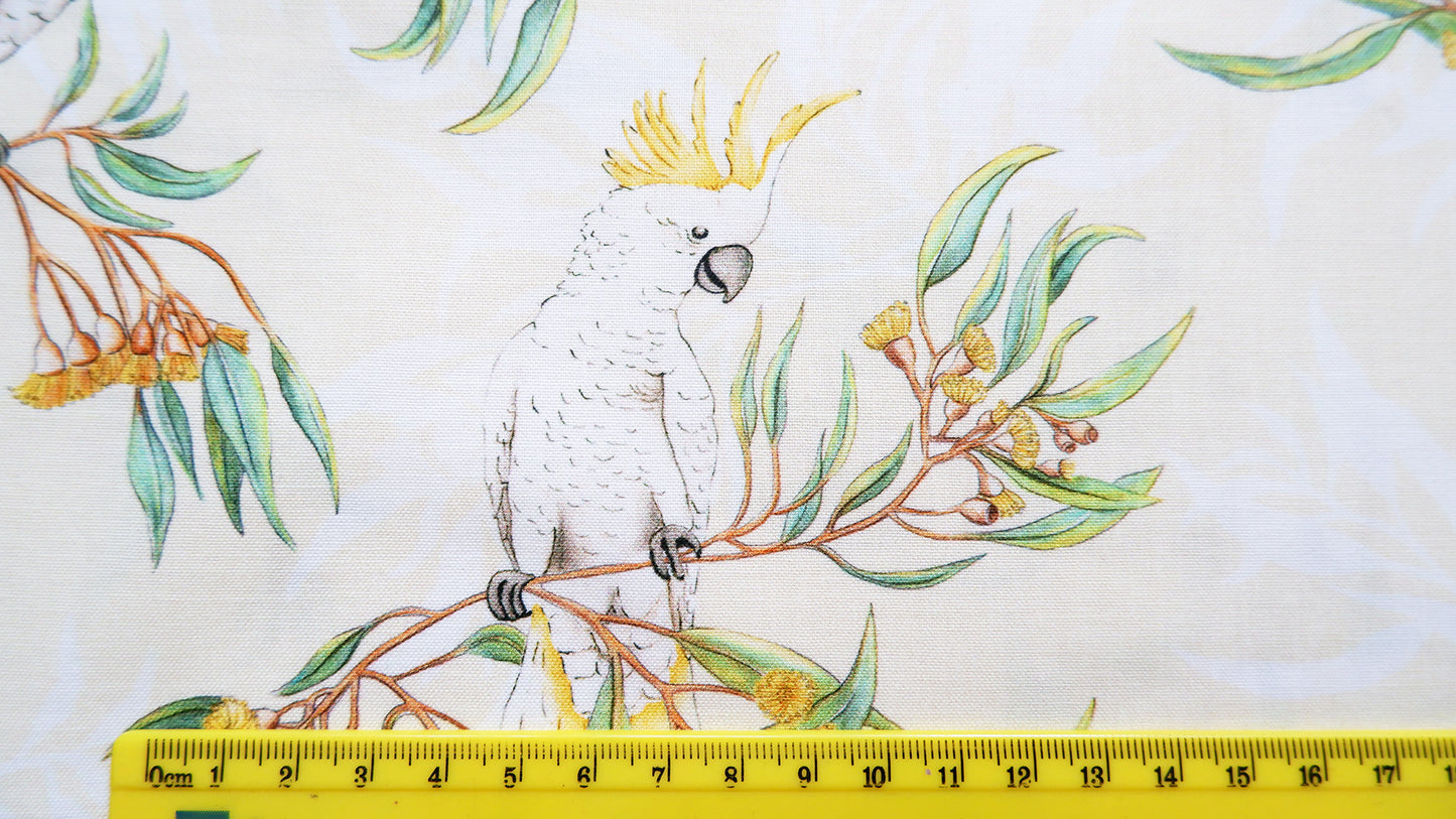 Cotton Fabric - Gumtree friends - White cockatoo on Yellow - Michelle Holik