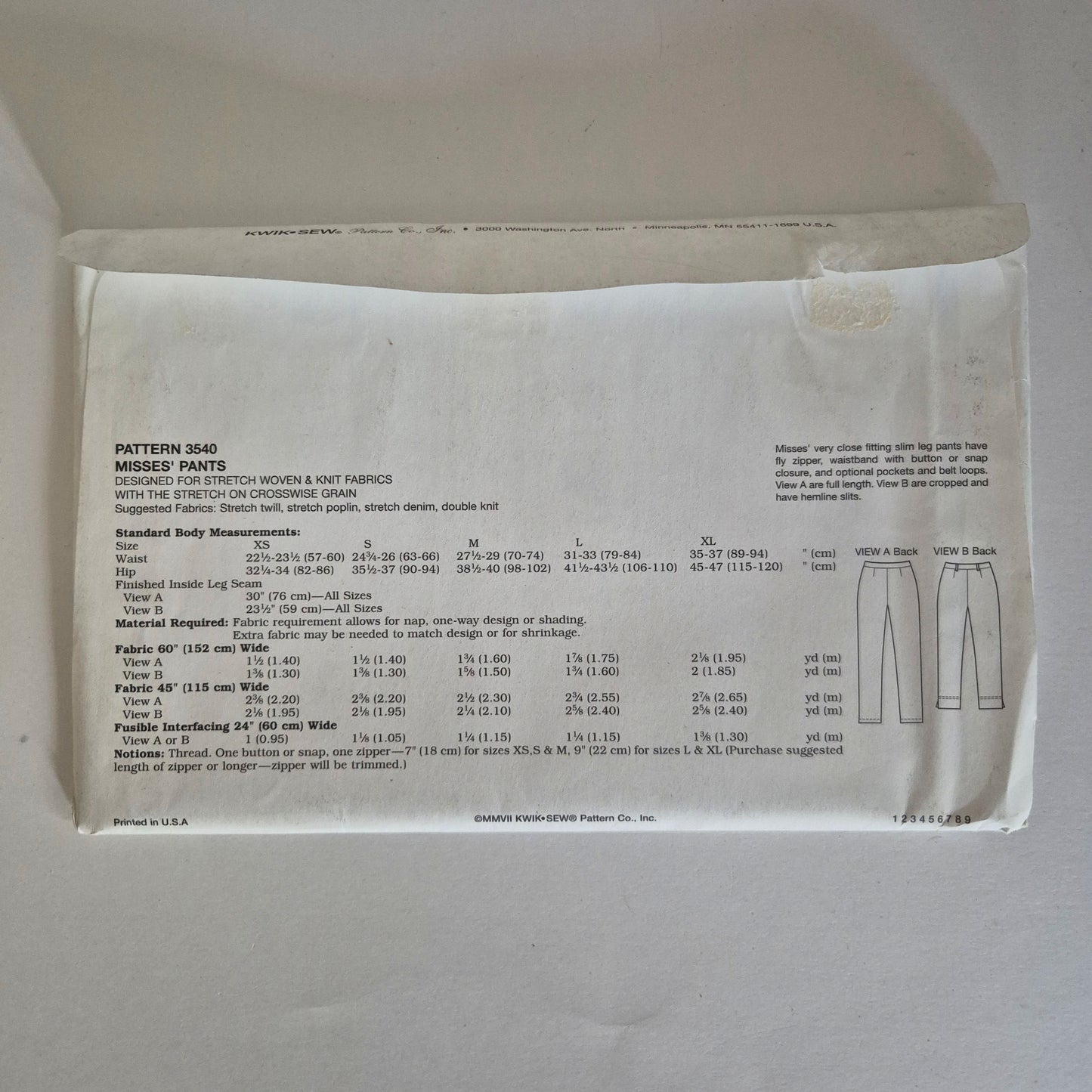 Kwik Sew 3540, Misses' pants pattern, sizes XS - XL