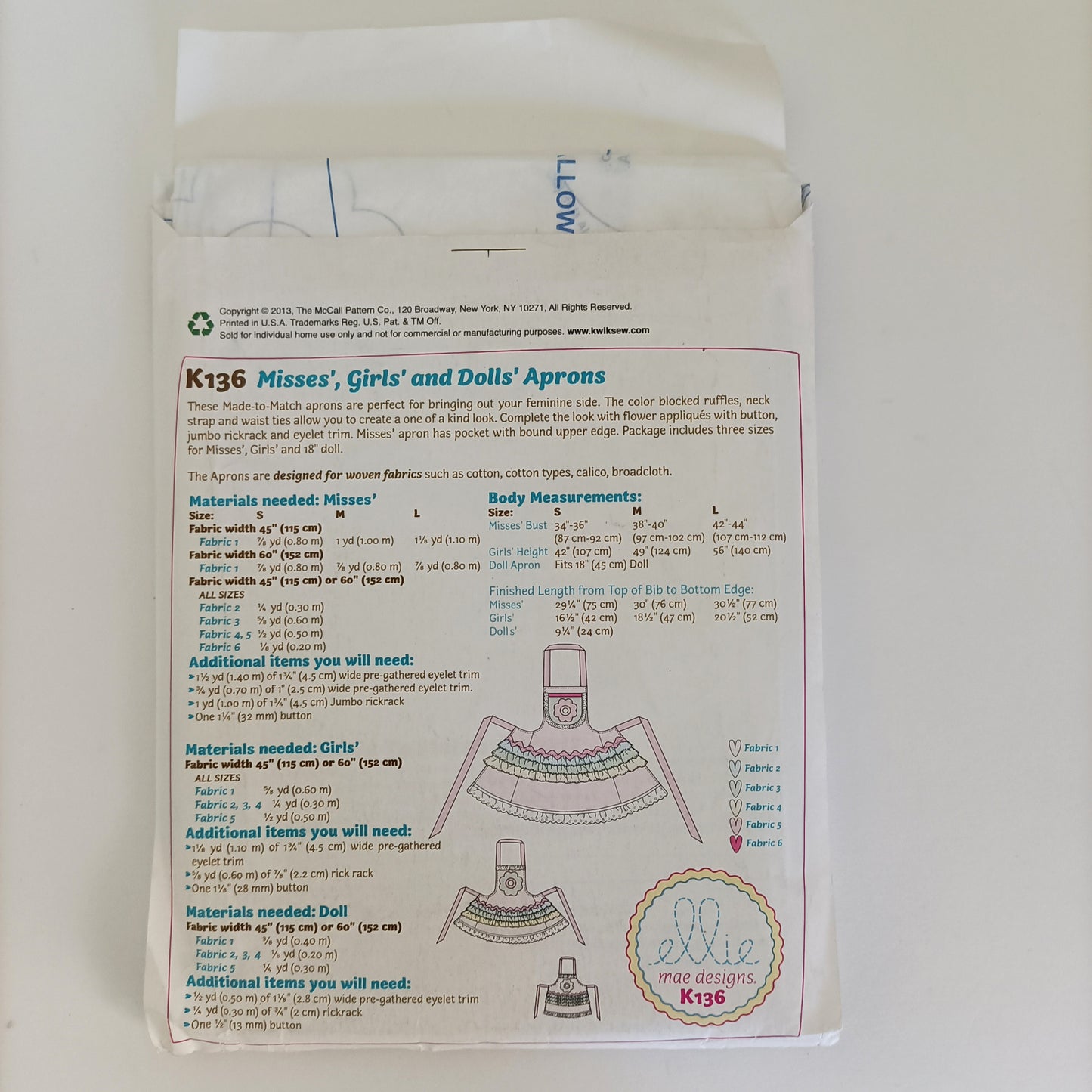 Ellie Mae Designs K136, Misses', Girls' and 18" Dolls' aprons pattern