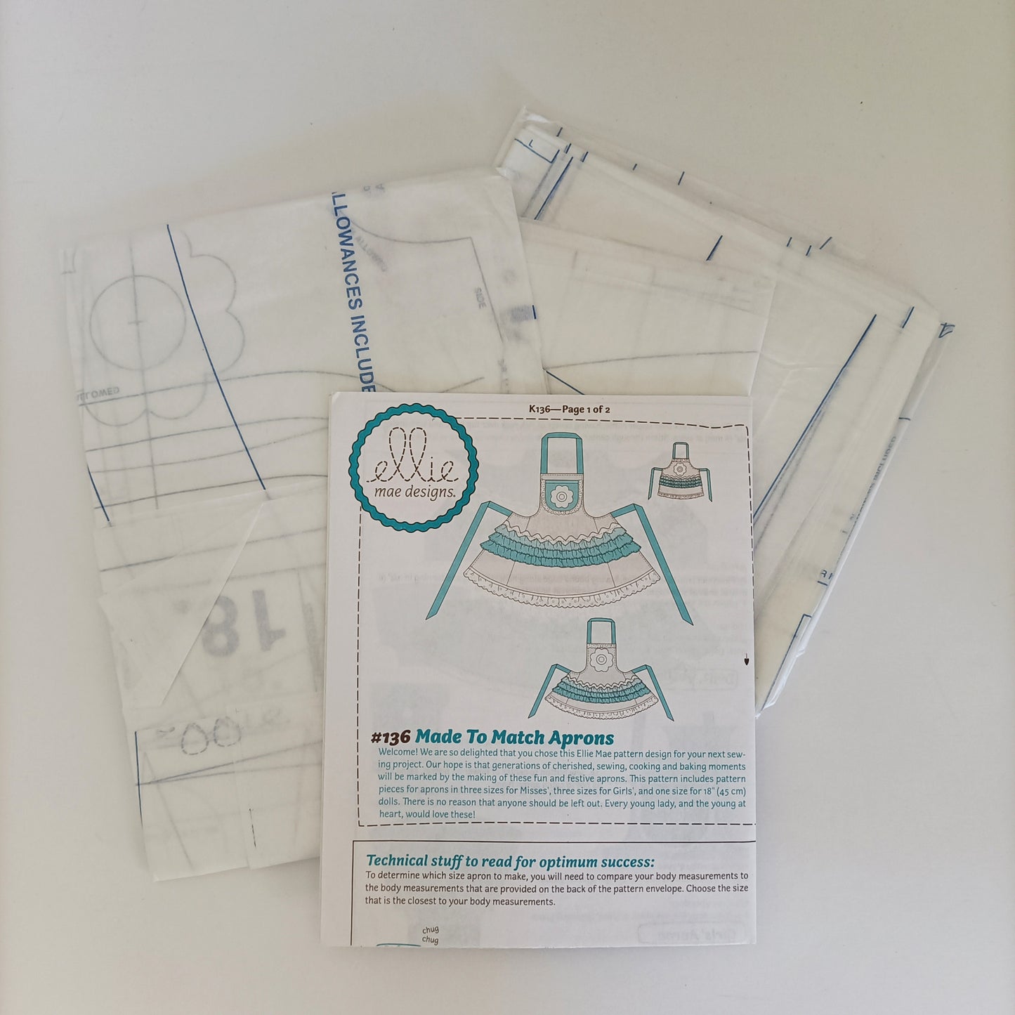 Ellie Mae Designs K136, Misses', Girls' and 18" Dolls' aprons pattern