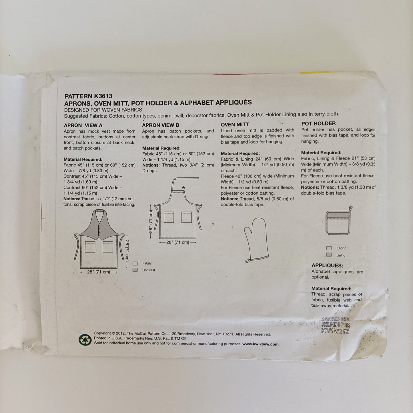 Kwik Sew K3613, Aprons, oven mitt, and pot holder pattern