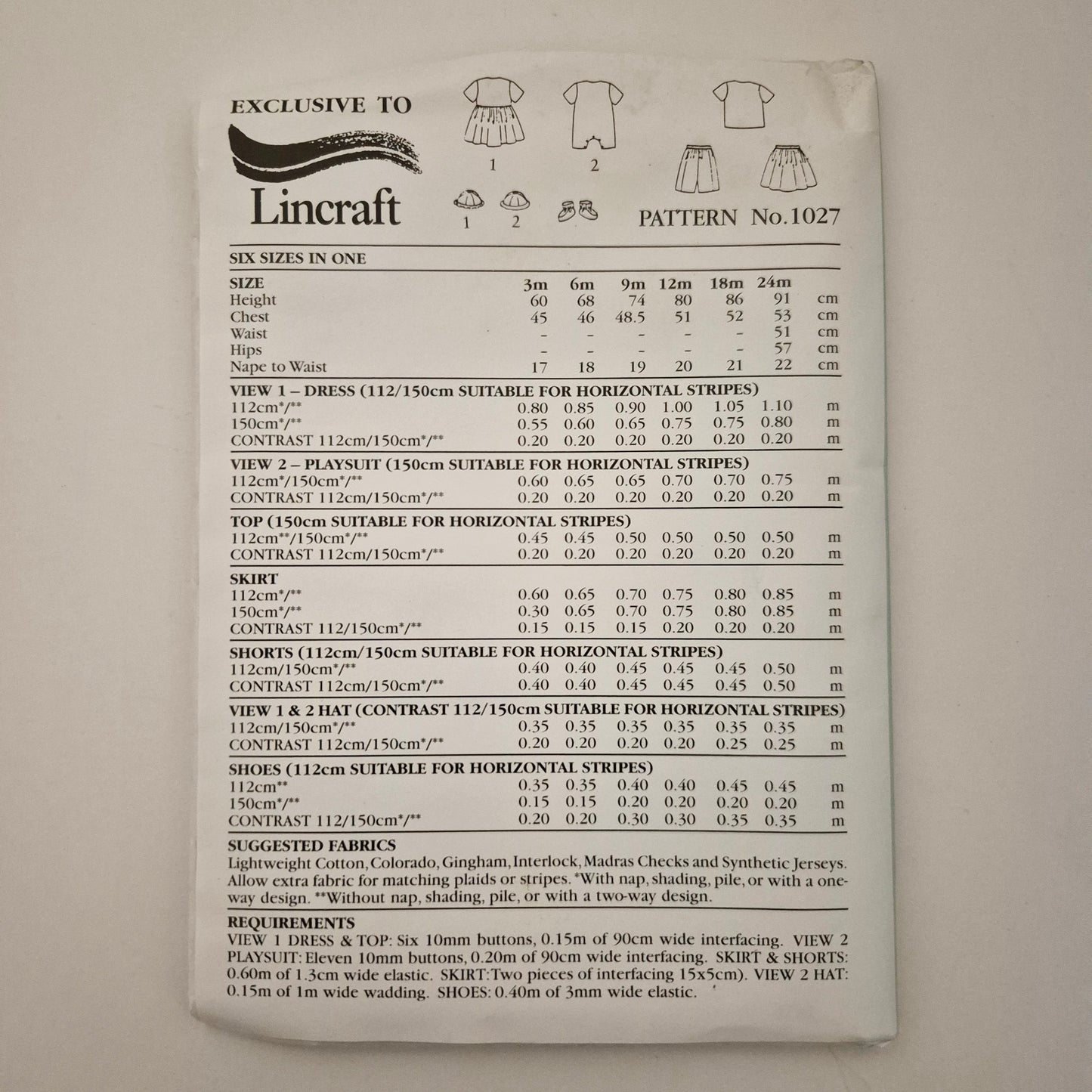 Lincraft 1027 Toddler's jumpsuit and hat pattern, Sizes 3m - 24m