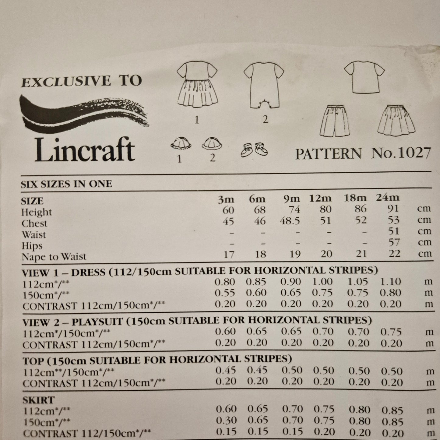 Lincraft 1027 Toddler's jumpsuit and hat pattern, Sizes 3m - 24m
