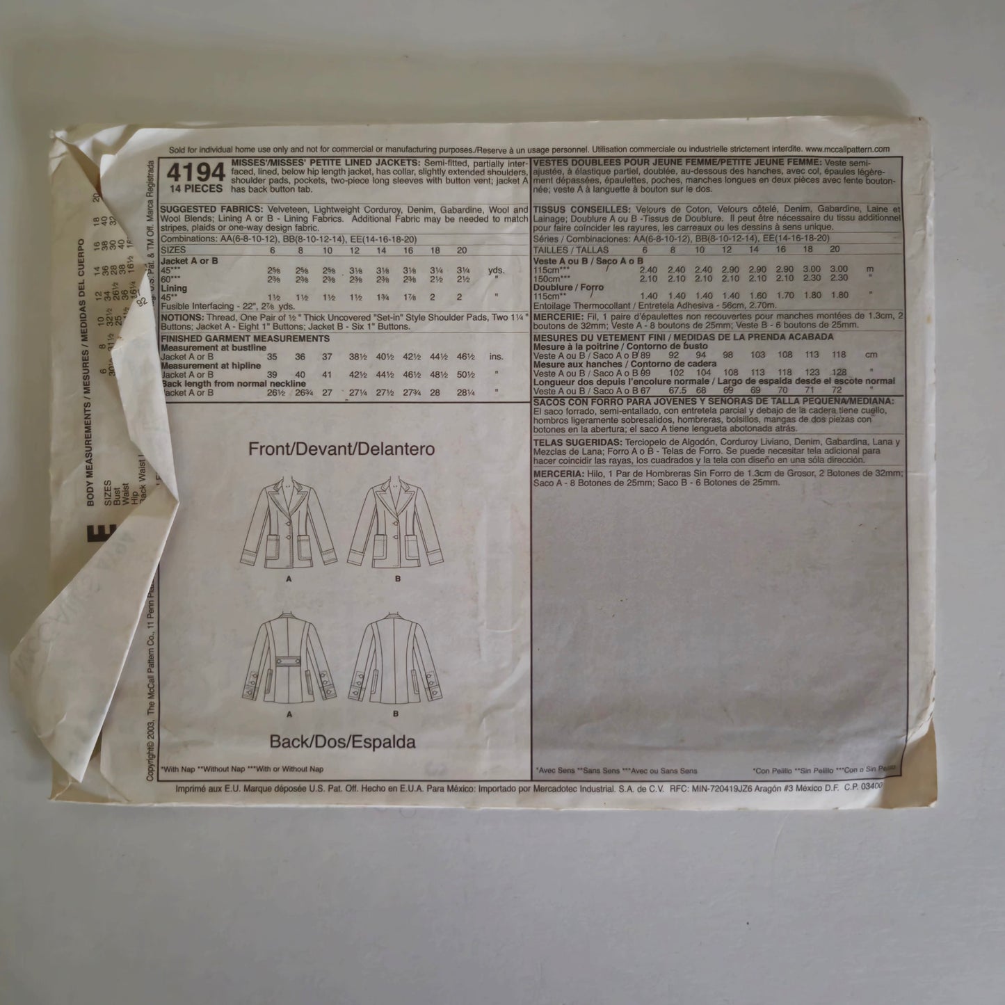 McCall's 4194, Misses' and Misses' Petite Lined Jacket pattern. Sizes 14 to 20