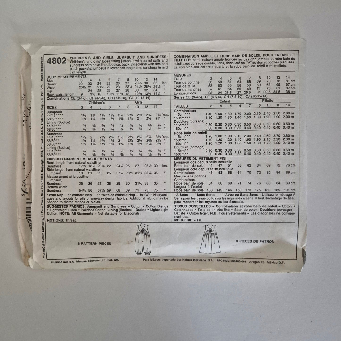 McCall's 4802, girls jumpsuit and sundress pattern, size 7 to 10