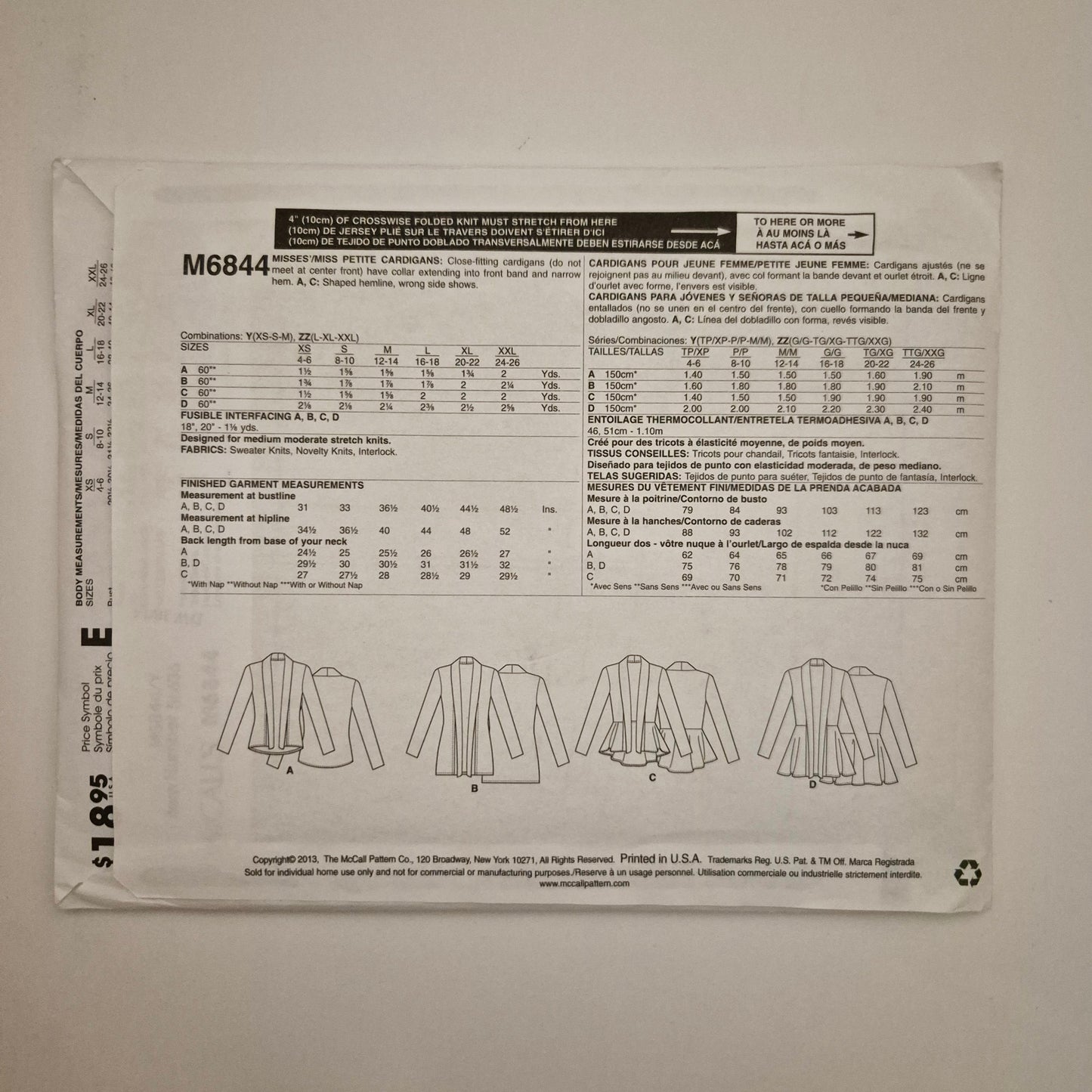 McCall's M6844, cardigan pattern, sizes XS to M, 4 - 14