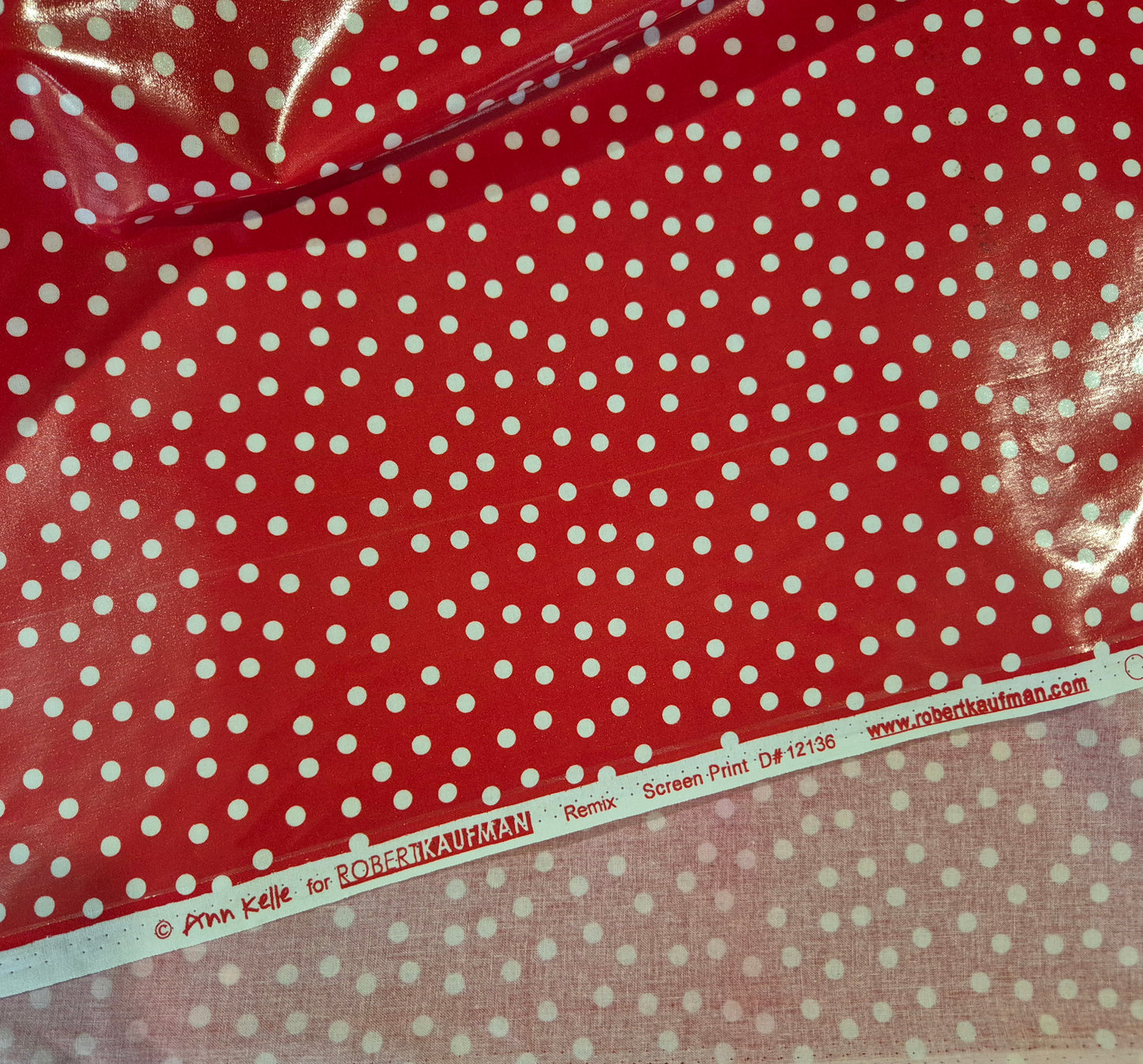 Laminated Cotton - Red with White Dots - Water Damage - 145cm remnant - Fabric Rescue