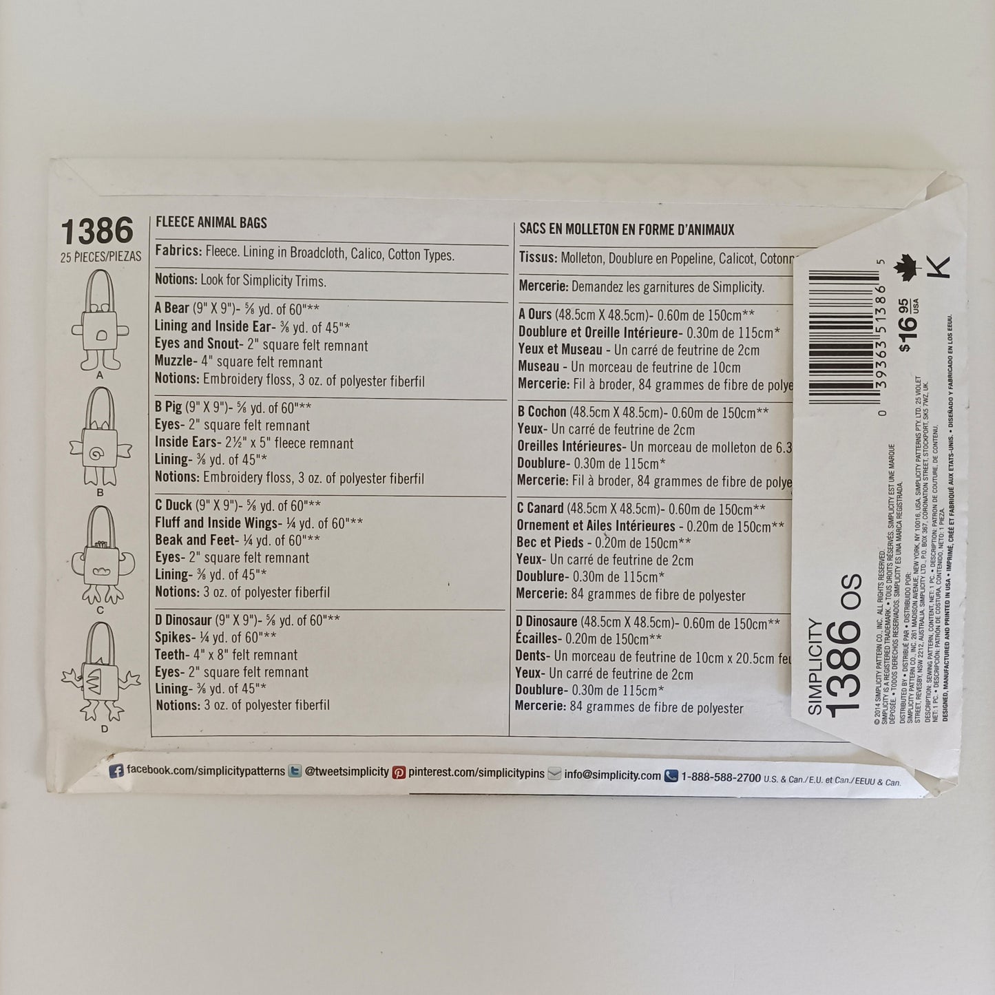 Simplicity 1386, Fleece animal bag pattern