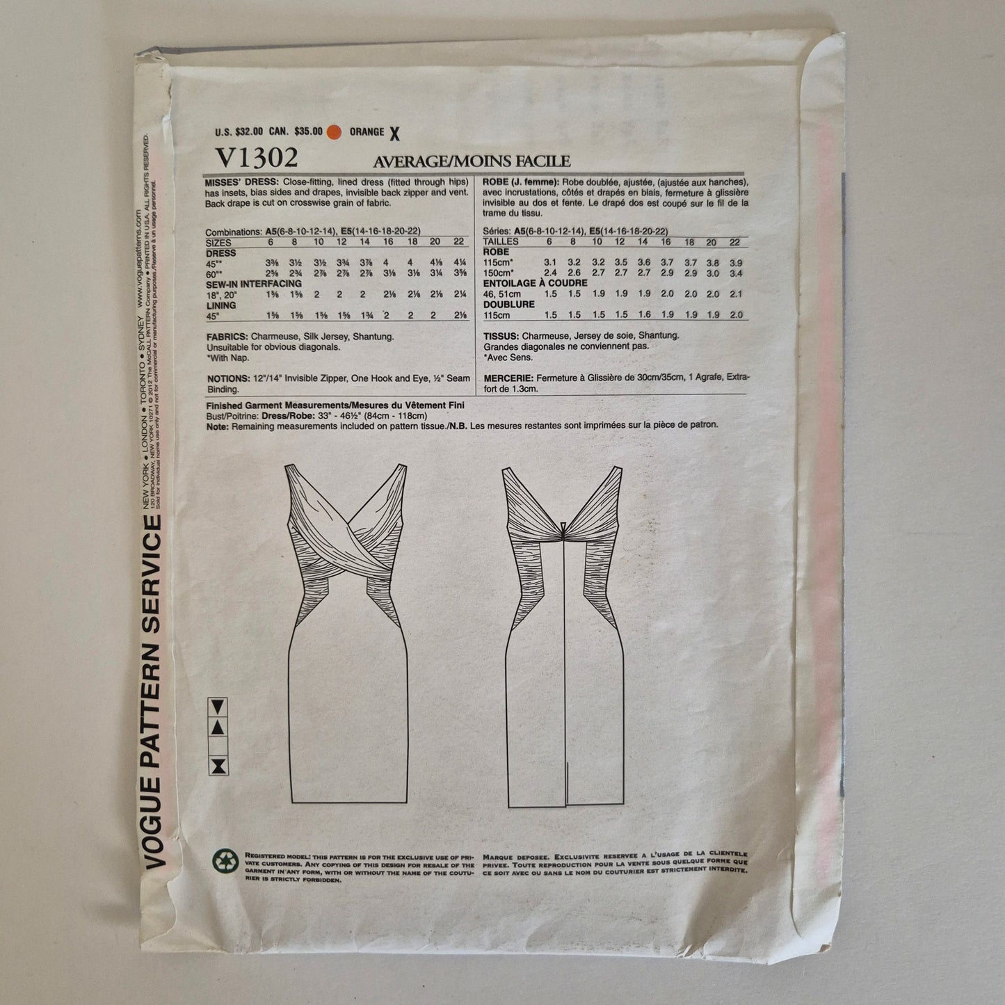 Vogue V1302, Kay Unger dress pattern, Size 6 - 14