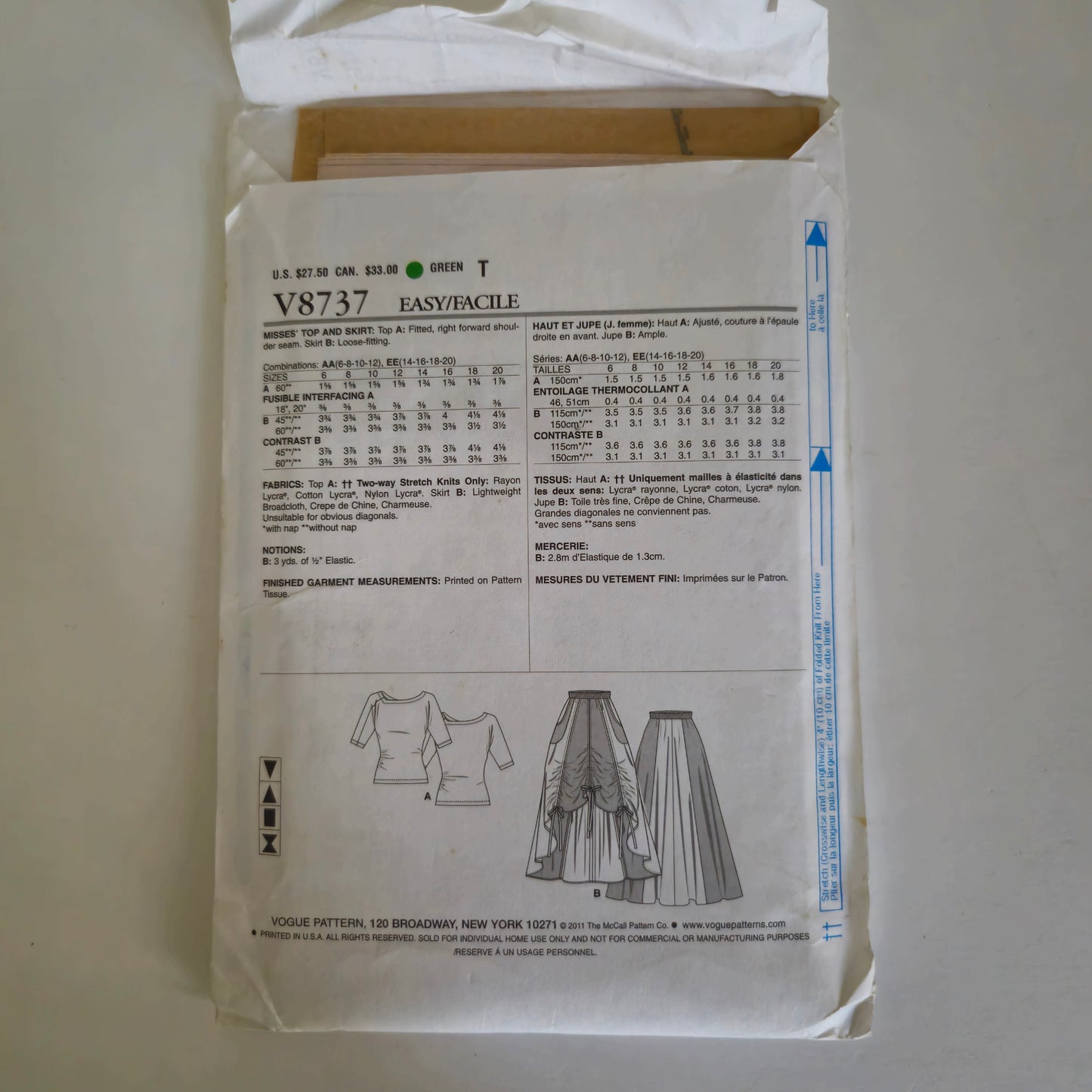 Vogue V8737, Top and skirt pattern. Sizes 6 - 12