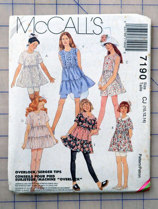 McCall's 7190,  girls top leggings and shorts pattern, Sizes 10 - 14