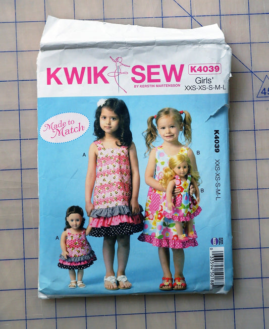 Kwik Sew K4039, girls and 18" dolls jumper or pinafore pattern, sizes XXS - L