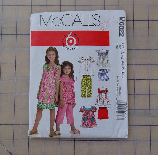 McCall's M6022, girls tops dresses shorts and pants pattern, sizes 7 - 14