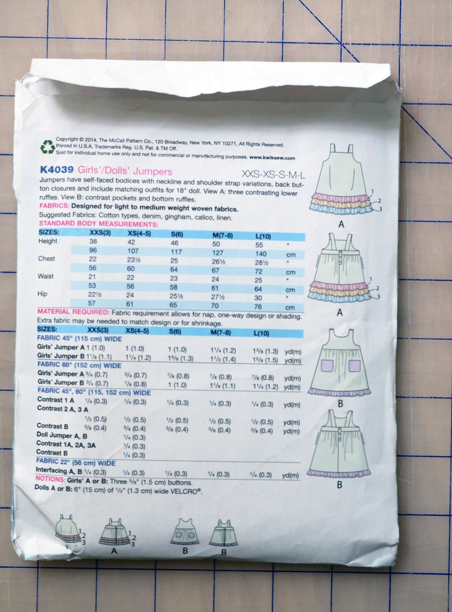 Kwik Sew K4039, girls and 18" dolls jumper or pinafore pattern, sizes XXS - L