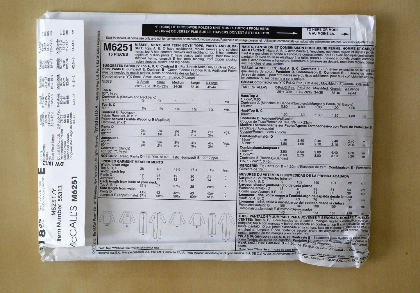 McCall's M6251, top pants and jumpsuit pattern, sizes XS - M