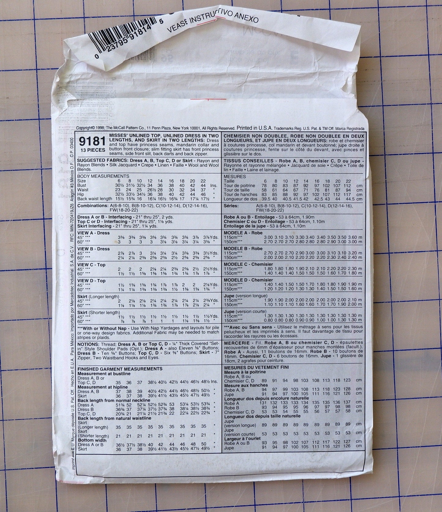 McCall's Pattern 9181, top skirt and dress pattern, sizes 12 to 16