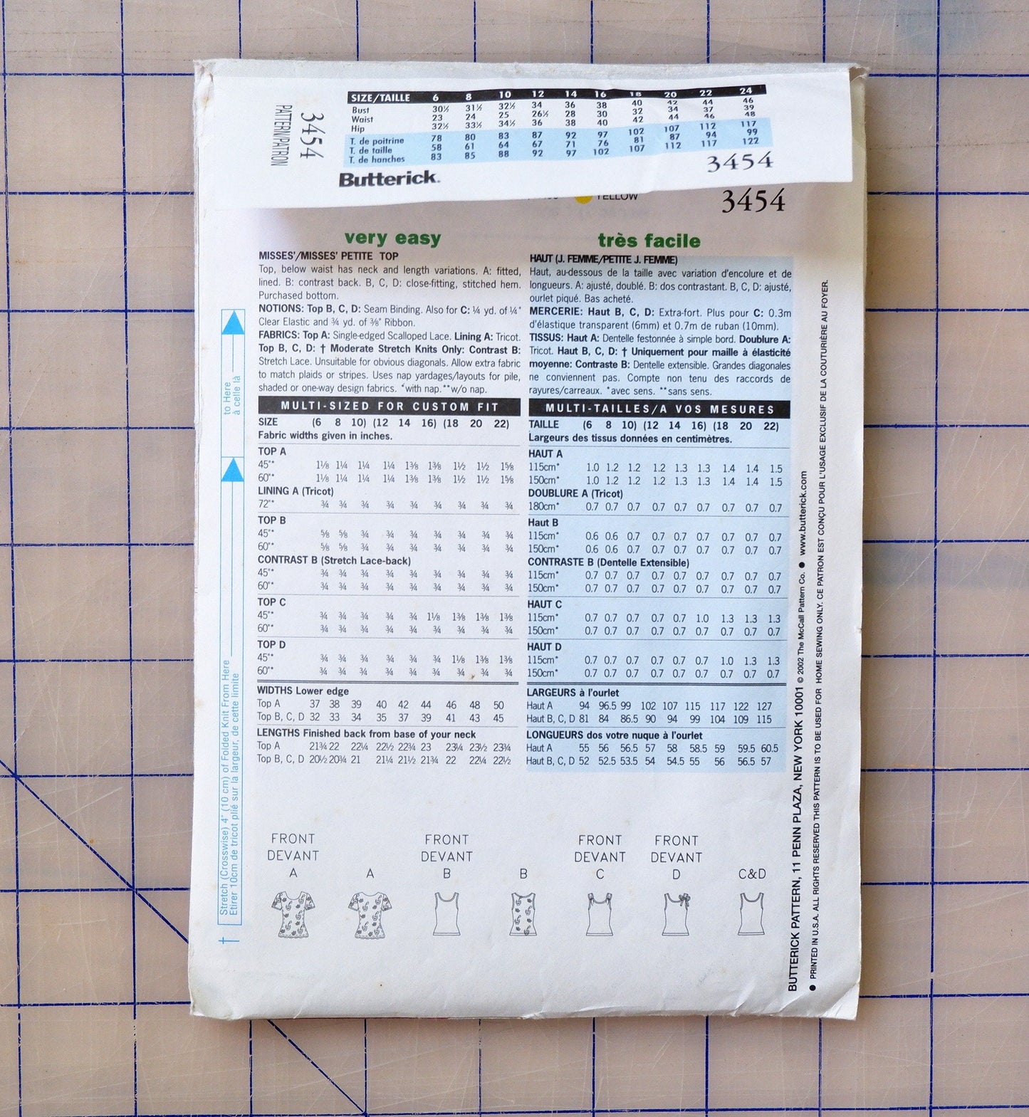 Butterick 3454, top pattern, sizes 12 to 16