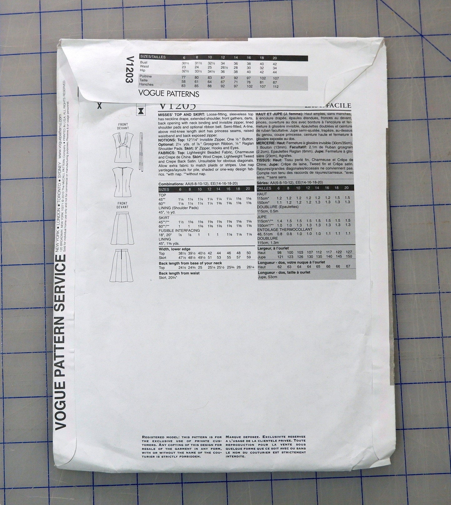 Vogue V1203, Top and skirt pattern. Sizes 6 - 12