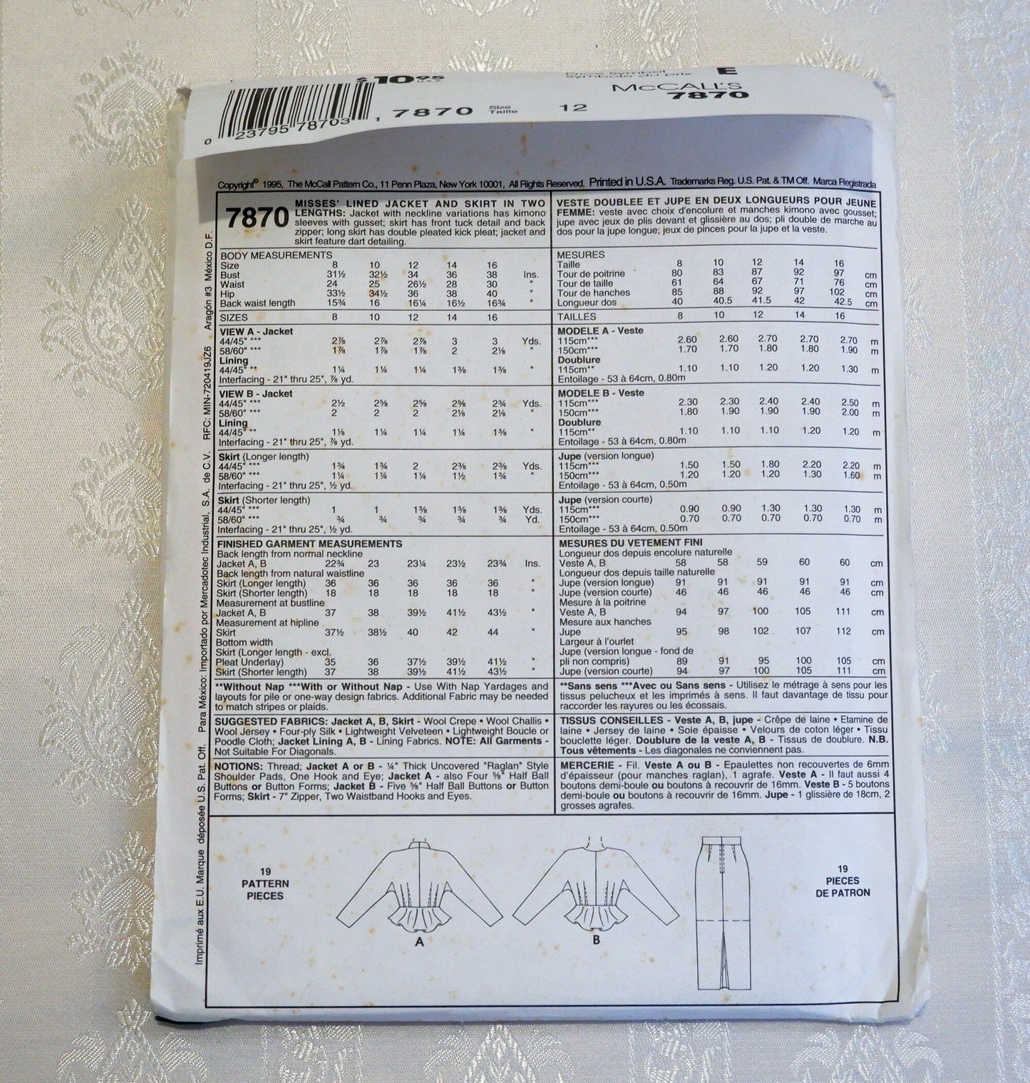 McCall's 7870, lined jacket and skirt pattern, Size 12