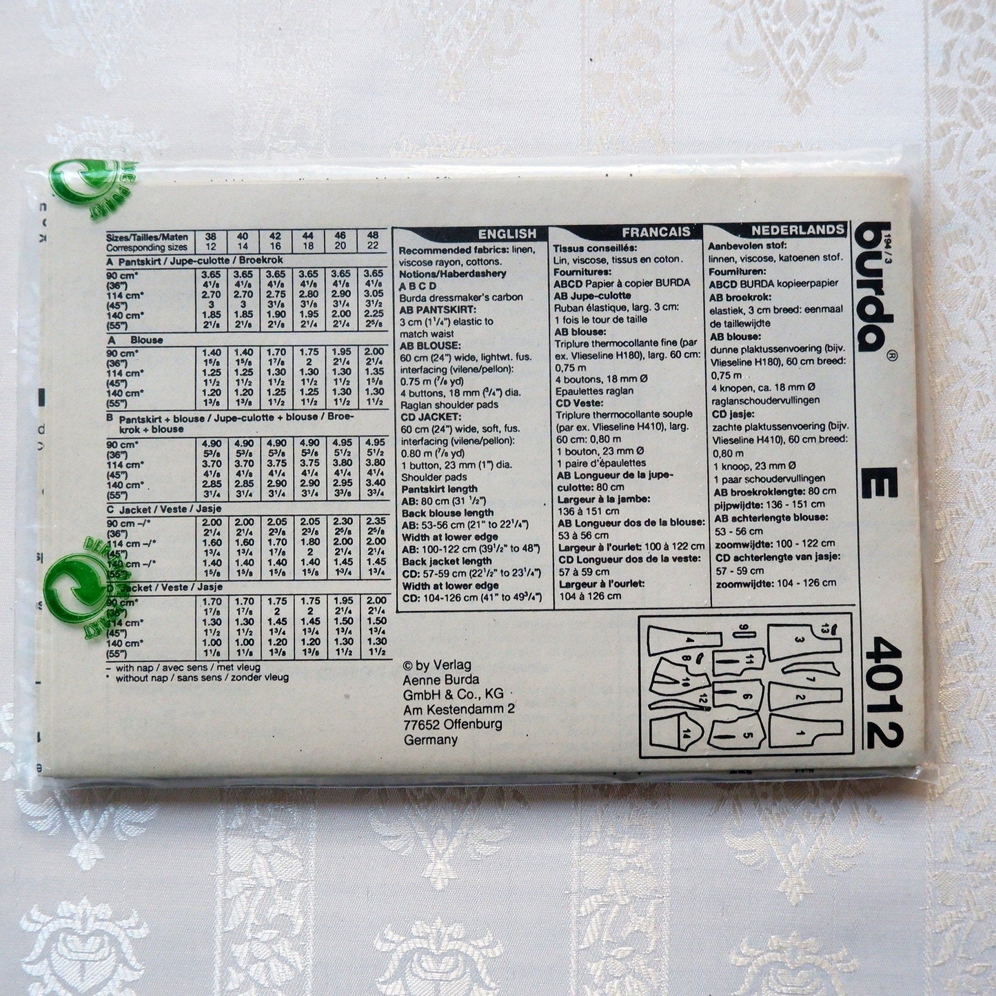 Burda 4012, Two piece outfit and jacket pattern, sizes 12 - 22