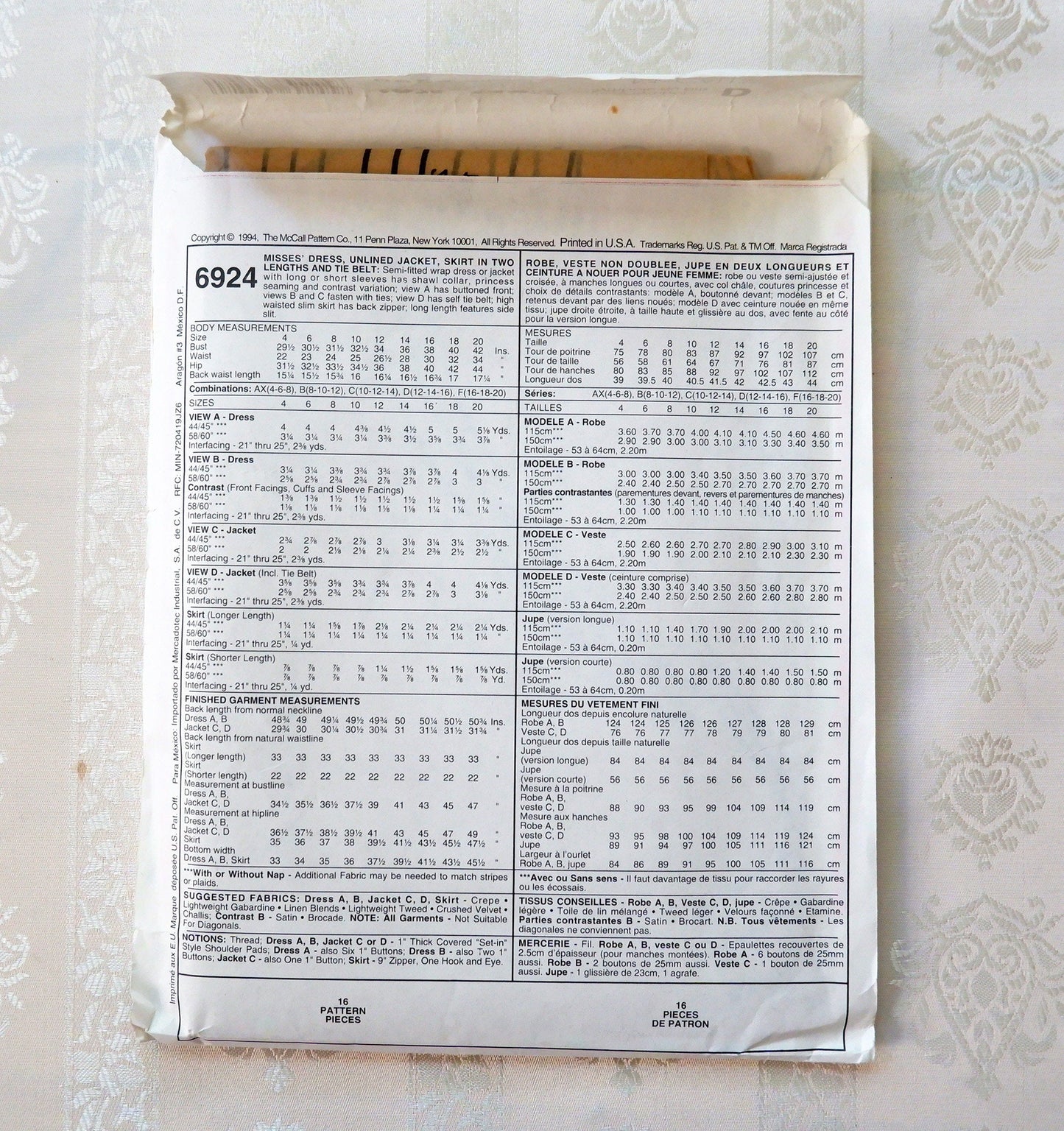 McCall's 6924, dress jacket skirt and tie belt pattern, sizes 16 - 20