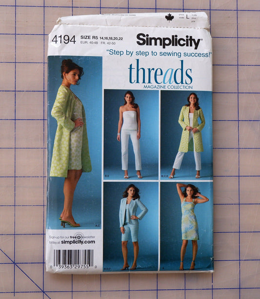 Simplicity 4194, dress top coat jacket pants and shorts pattern. Sizes 12 - 22.
