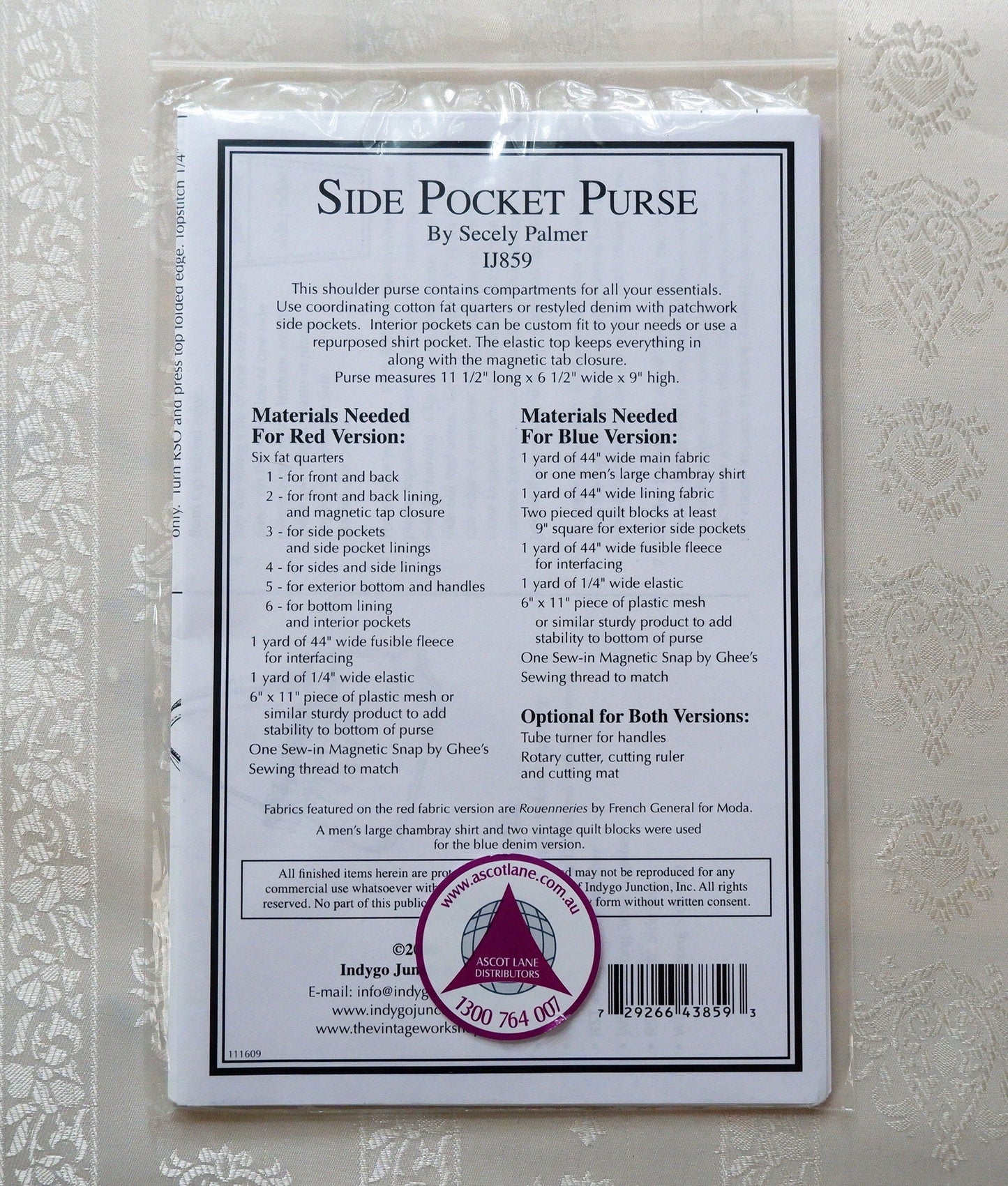 Side Pocket Purse pattern by Indygo Junction IJ859, handmag pattern, shoulder bag pattern