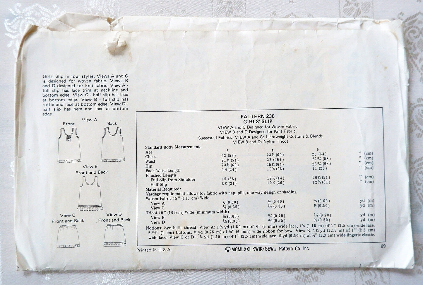 Kwik Sew 238 girls slip pattern Sizes 2 - 6