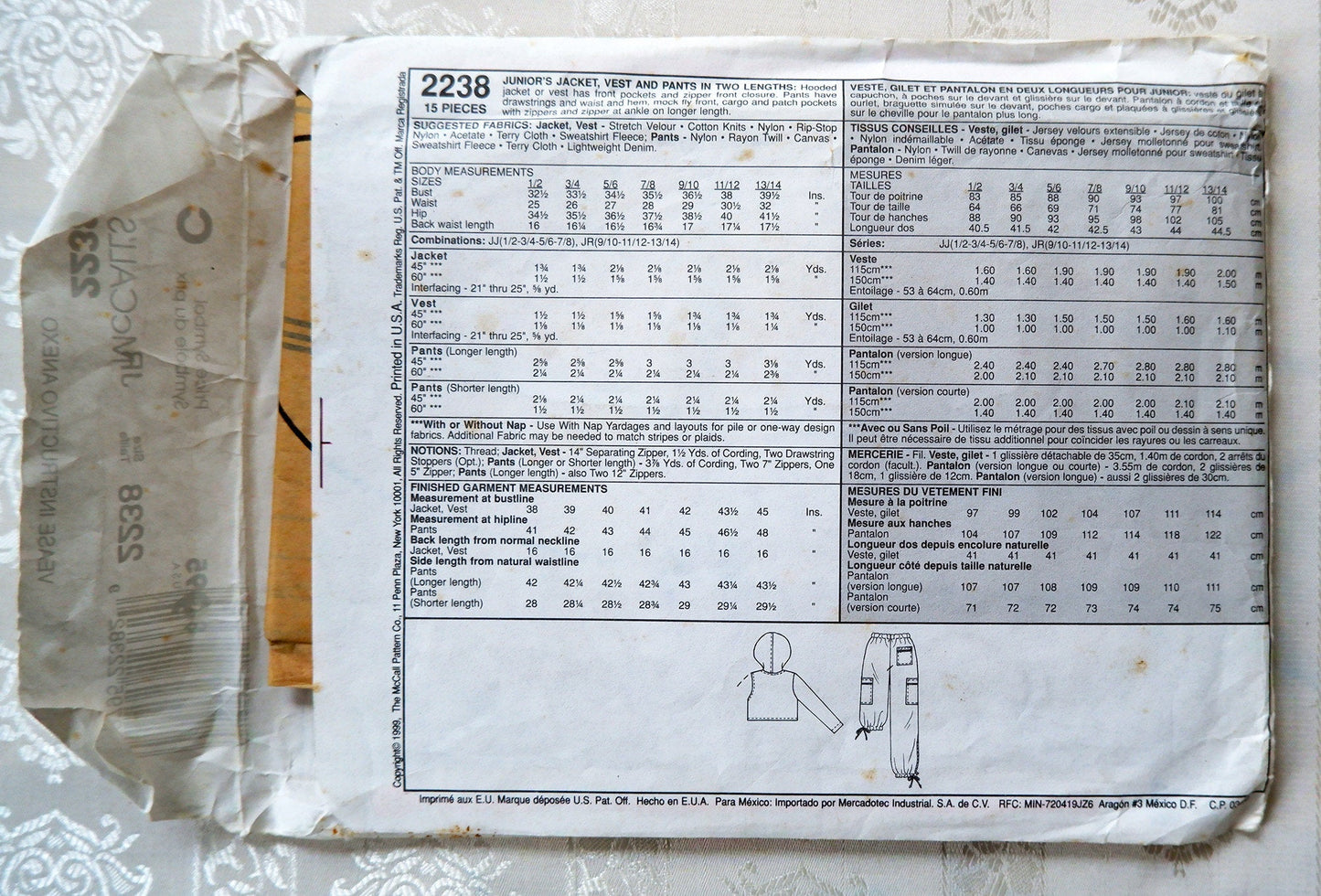 McCalls 2238 Junior NY, jacket vest and pants pattern, Sizes 9/10, 11/12, 13/14