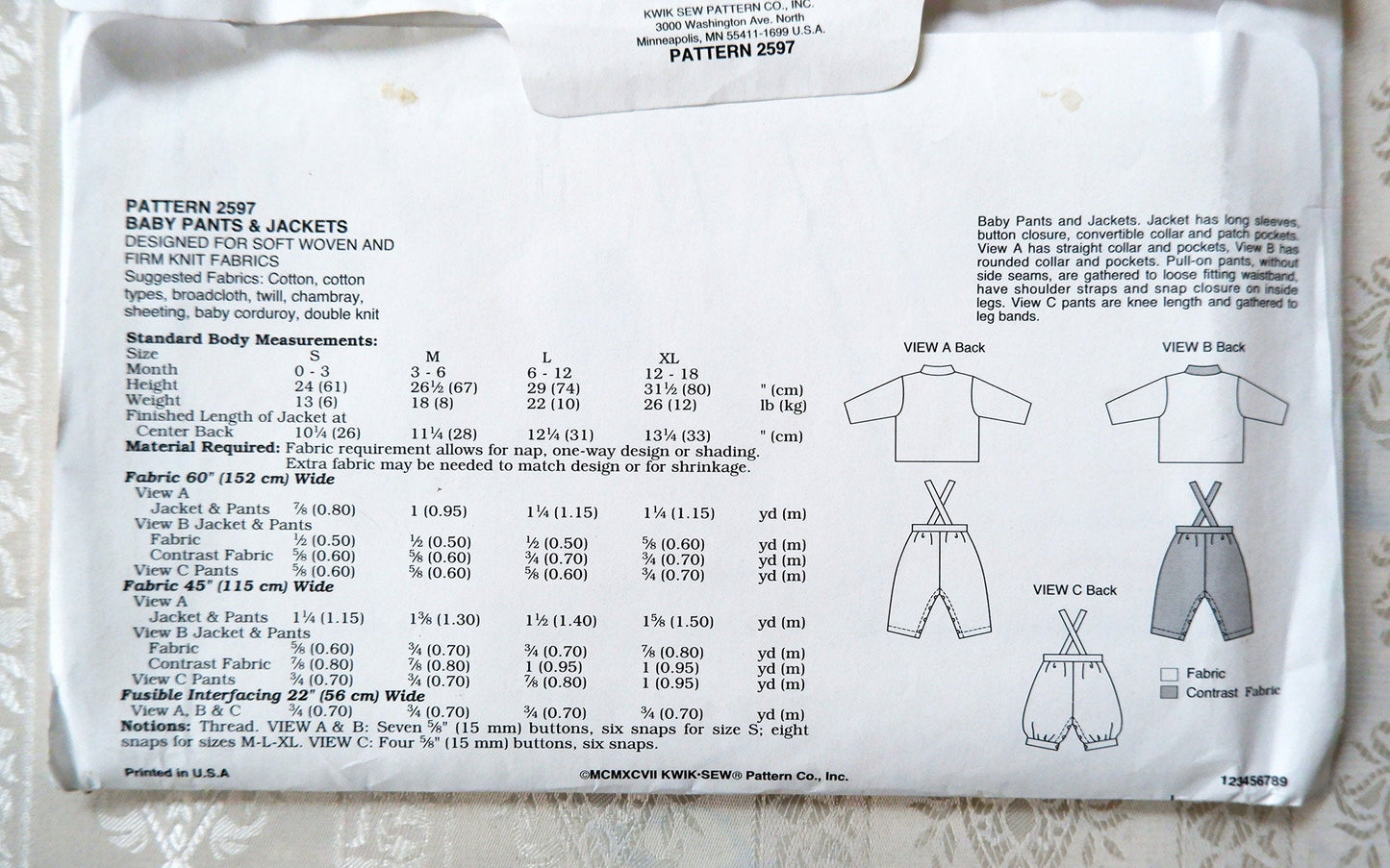 Kwik Sew 2597 baby pants and jacket pattern Sizes S - XL