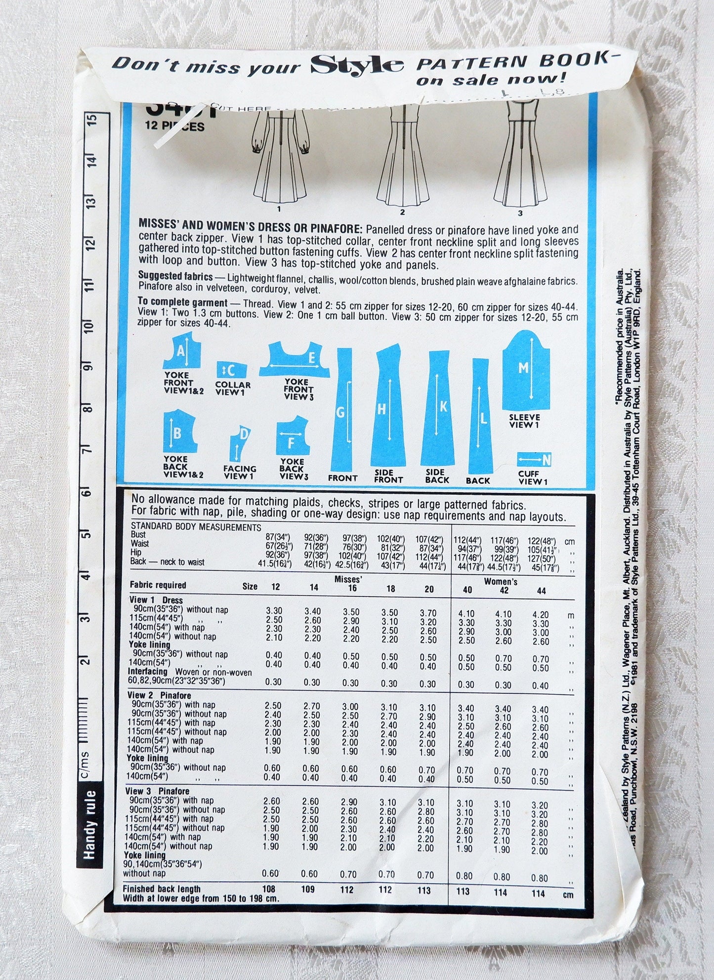 Style 3481, dress and pinafore pattern, Size 14, 1980s