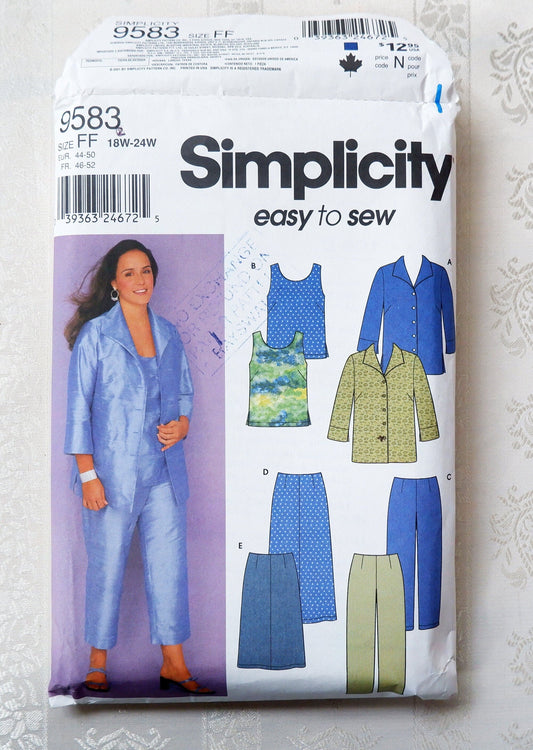 Simplicity 9583, womens outfit top pants and skirt pattern, sizes 18W - 24W
