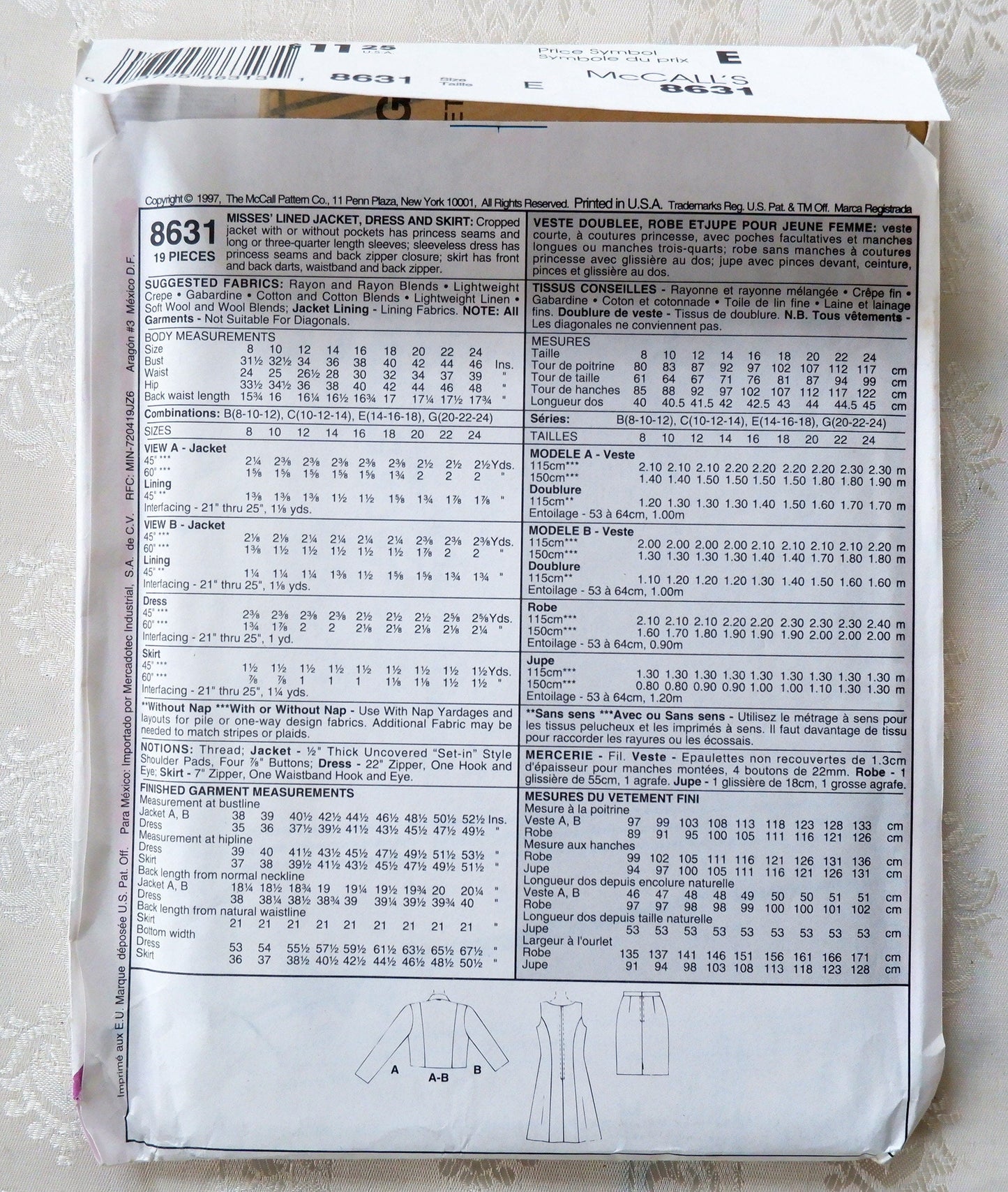 McCall's 8631, misses lined jacket dress and skirt pattern, Sizes 14 - 18