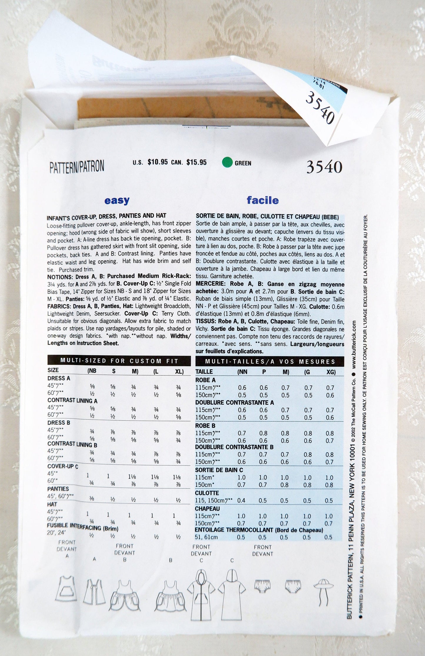 Butterick 3540, infant cover-up, dress, panties and hat pattern. Sizes L - XL