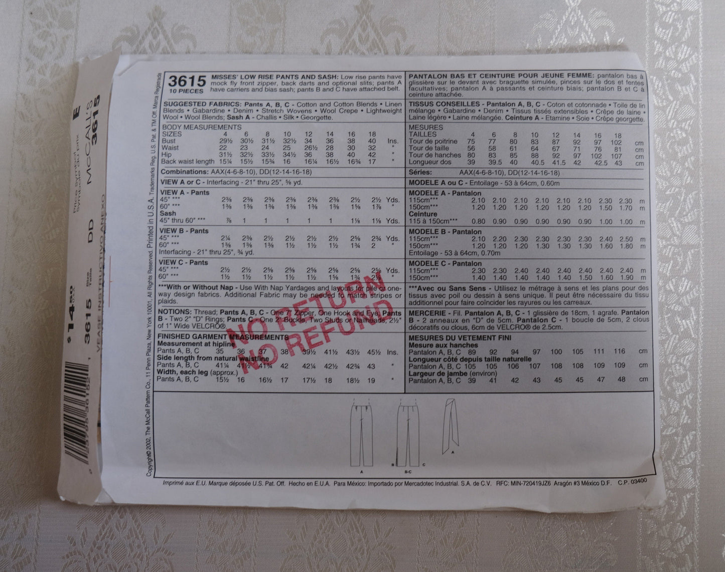 McCalls 3615, pants and sash pattern, Sizes 12 - 18