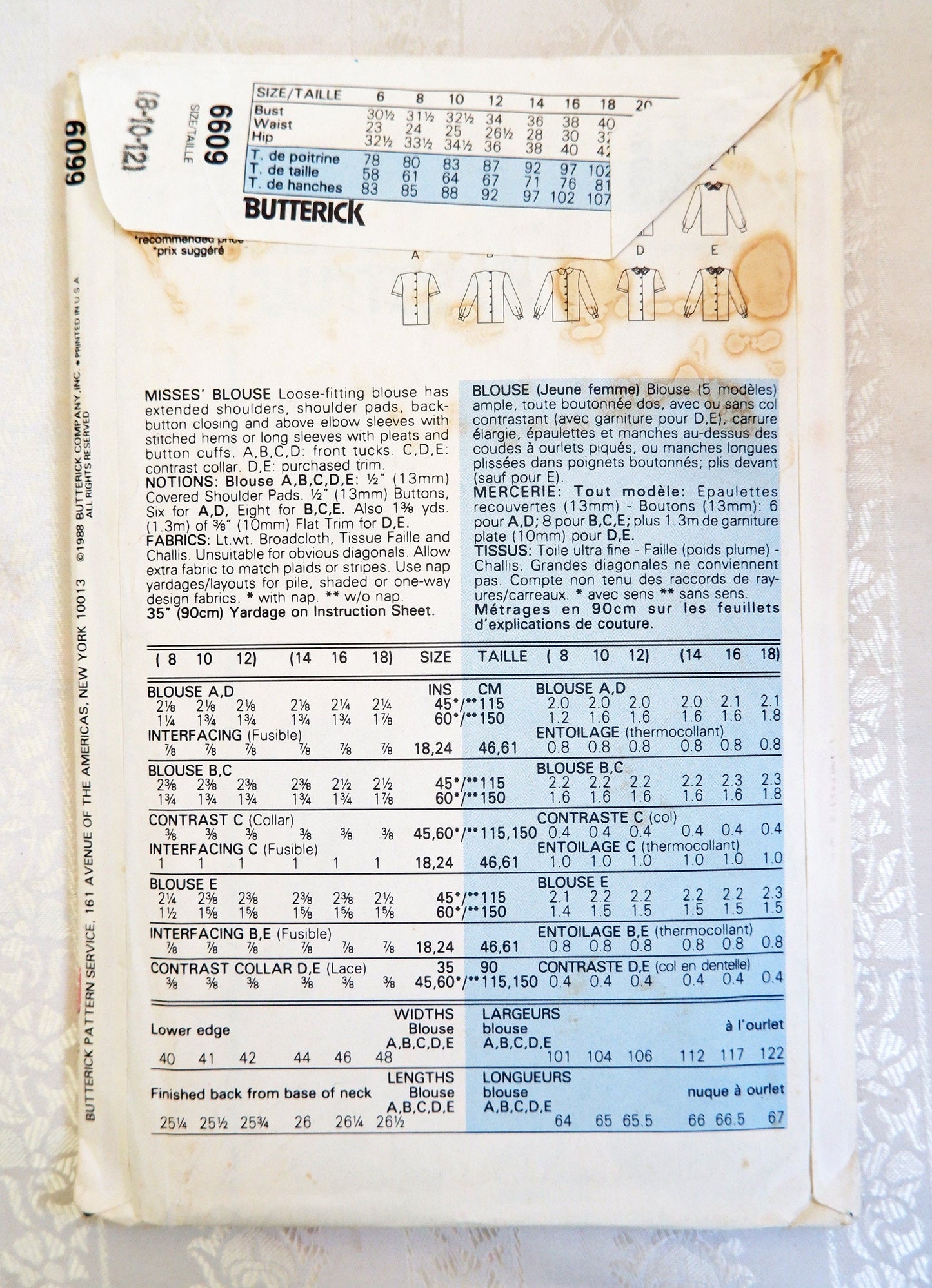 Butterick 6609, blouse pattern, sizes 8 - 12