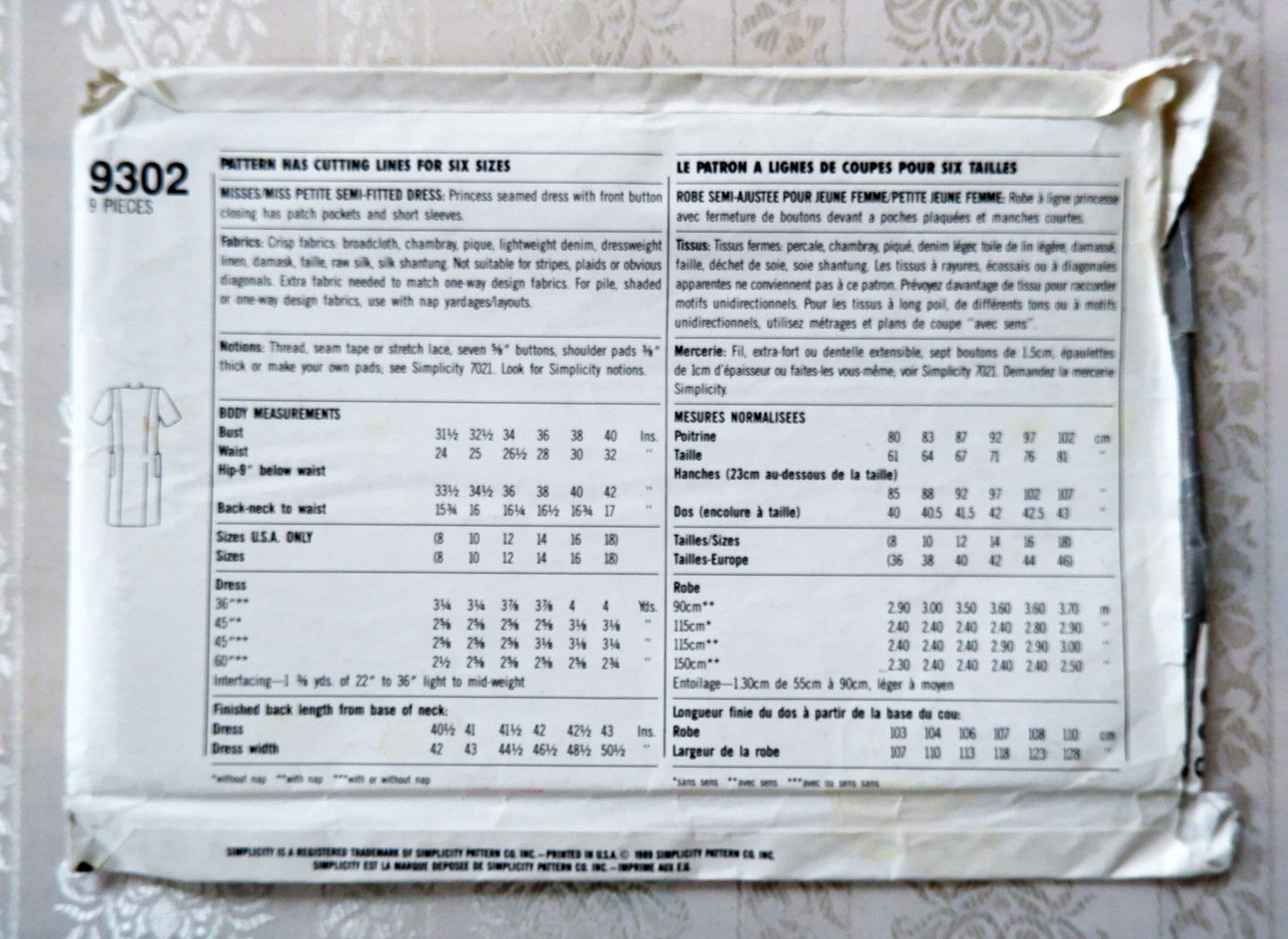 Simplicity 9302, Petite semi fitted dress pattern, sizes 8 - 18